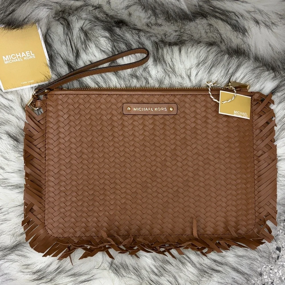 Michael Kors jet set Tan Woven leather large Fringe Clutch wristlet - Picture 6 of 9